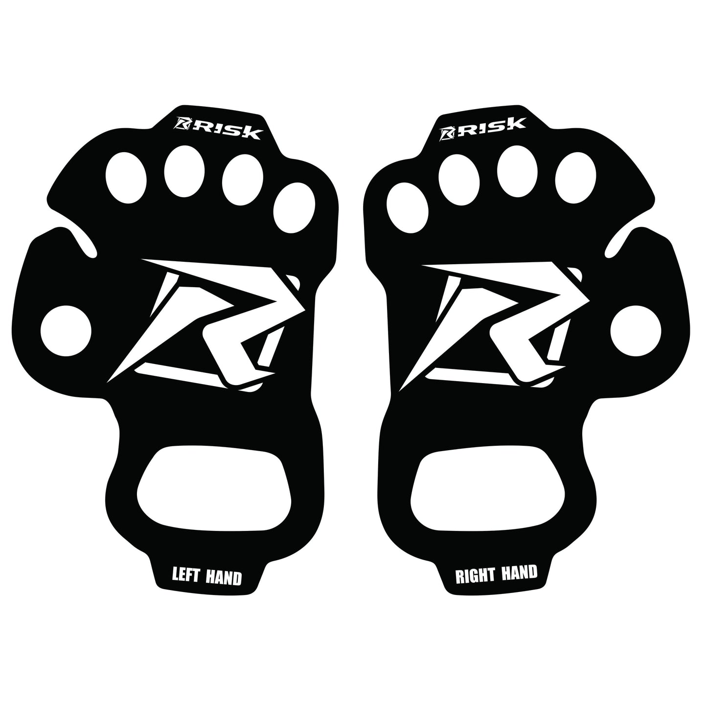 A left and right set of black and white palm protectors with a Risk Racing 'R' logo.