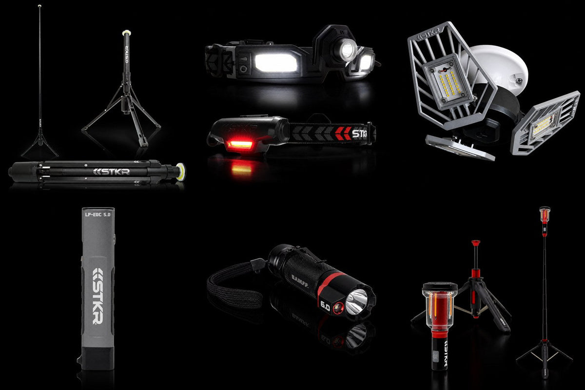 STKR lineup: FLi-OVERLANDER telescoping light, FLEXIT Headlamp PRO, TRiLIGHT 2.0, LP-EDC 5.0, B.A.M.F.F. 6.0, and FLi-MORPHE