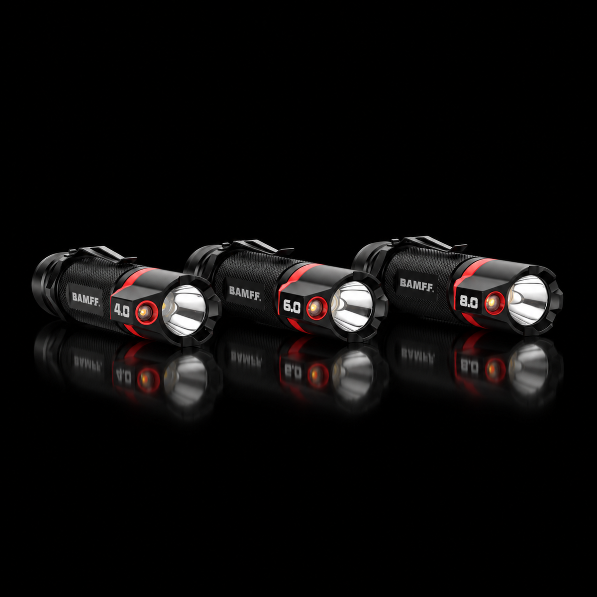 BAMFF 4.0, 6.0, and 8.0 flashlight comparison on black