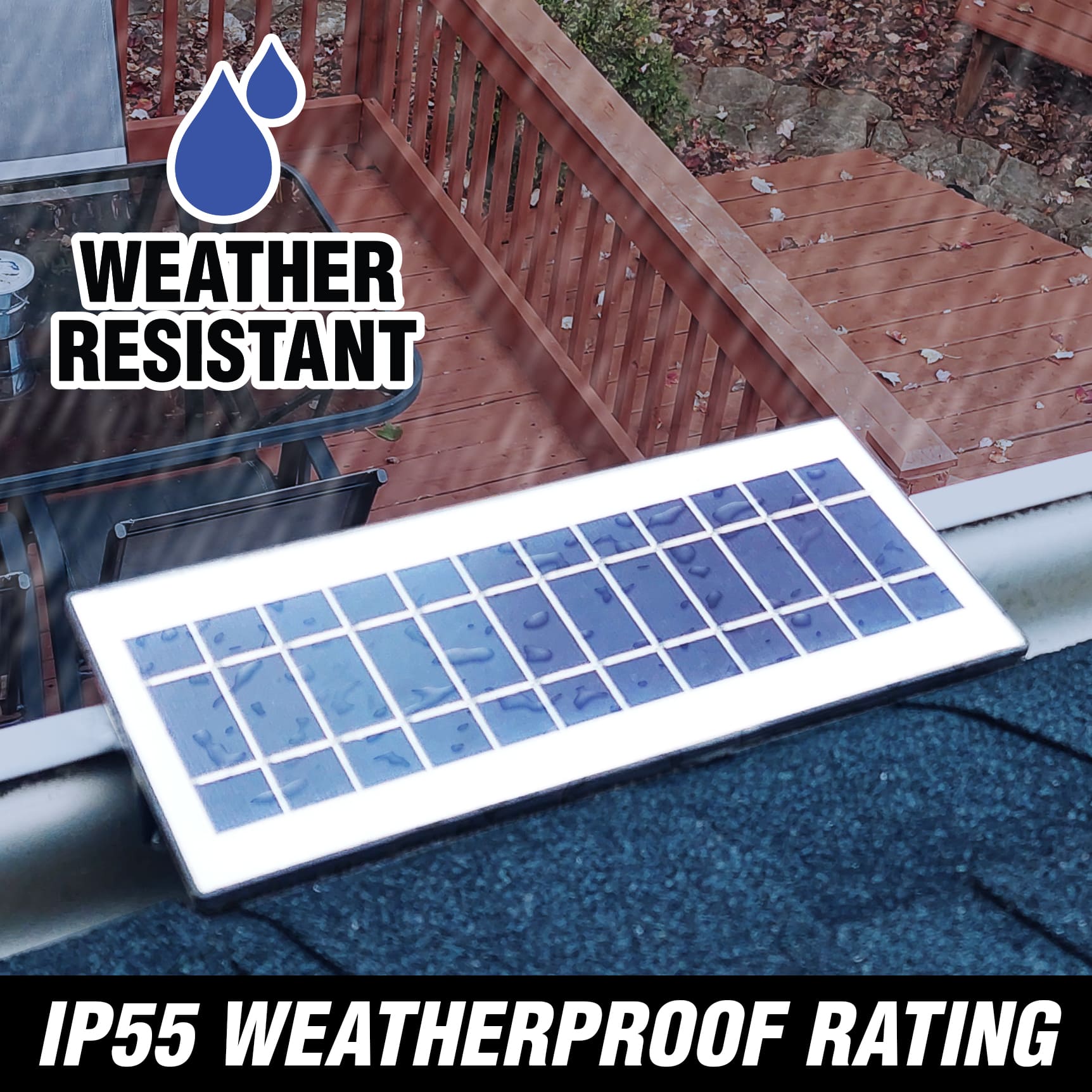 Weather-resistant solar panel gutter light on a roof with 'IP55 Weatherproof Rating' text