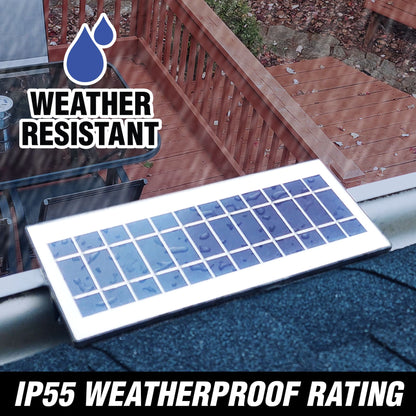 Weather-resistant solar panel gutter light on a roof with 'IP55 Weatherproof Rating' text