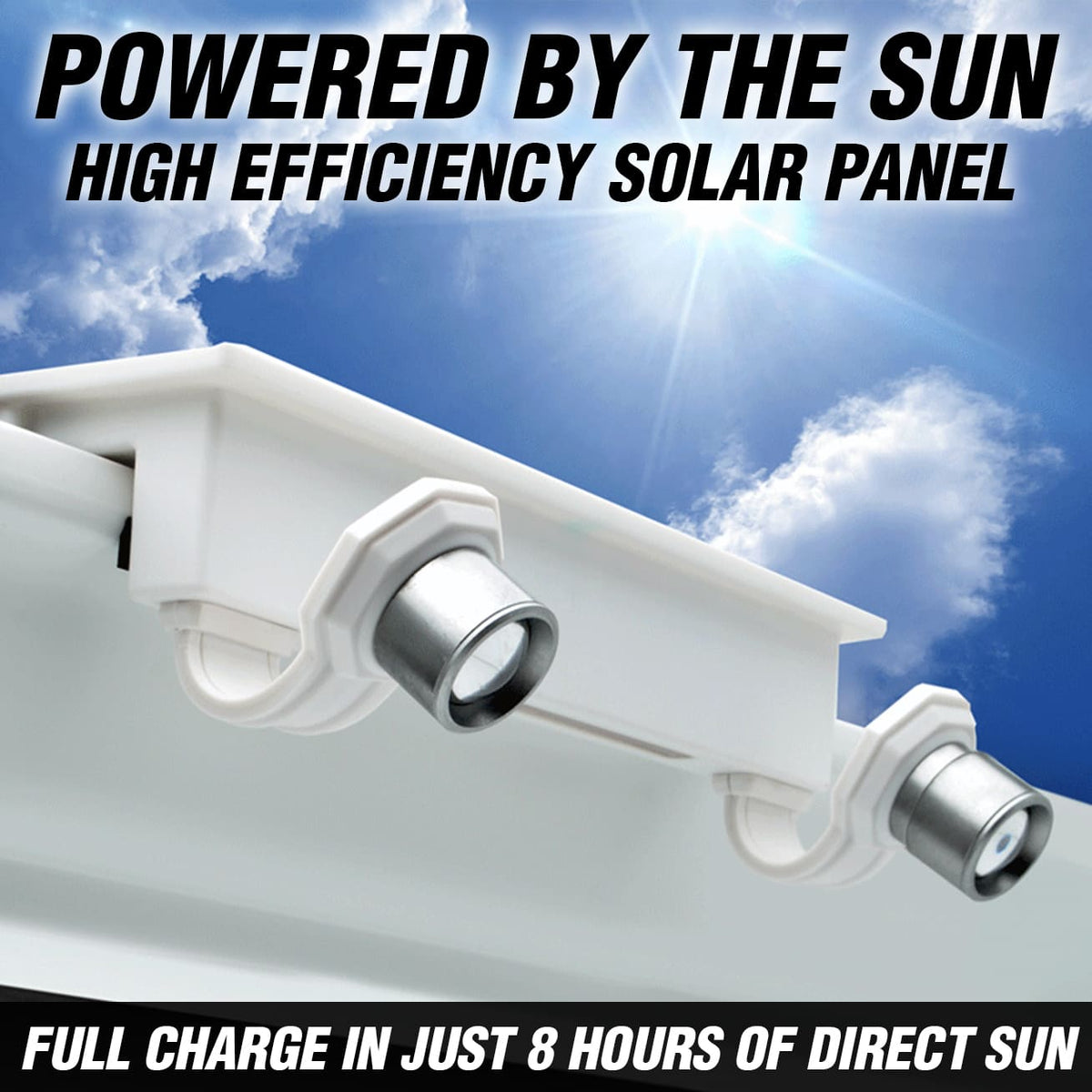 High efficiency solar panel with text 'Powered by the Sun' and 'Full charge in just 8 hours of direct sun' against a blue sky background.