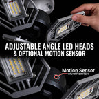 Adjustable angle LED light heads with a hand demonstrating the swivel, shown with text overlays reading 'ADJUSTABLE ANGLE LED HEADS & OPTIONAL MOTION SENSOR' and 'Motion Sensor ON/OFF SWITCH'.