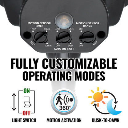 The Outdoor Motion Security Light's control panel with customizable operating modes on a white background