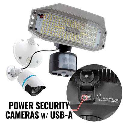 Security Light with USB power output to power security cameras on a white background
