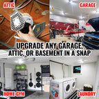 Collage of garage, attic, home gym, and laundry room all lit up by the TRiLIGHT superbulb by STKR Concepts.