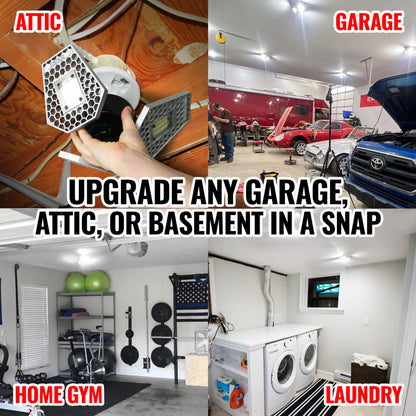 Collage of garage, attic, home gym, and laundry room all lit up by the TRiLIGHT superbulb by STKR Concepts.