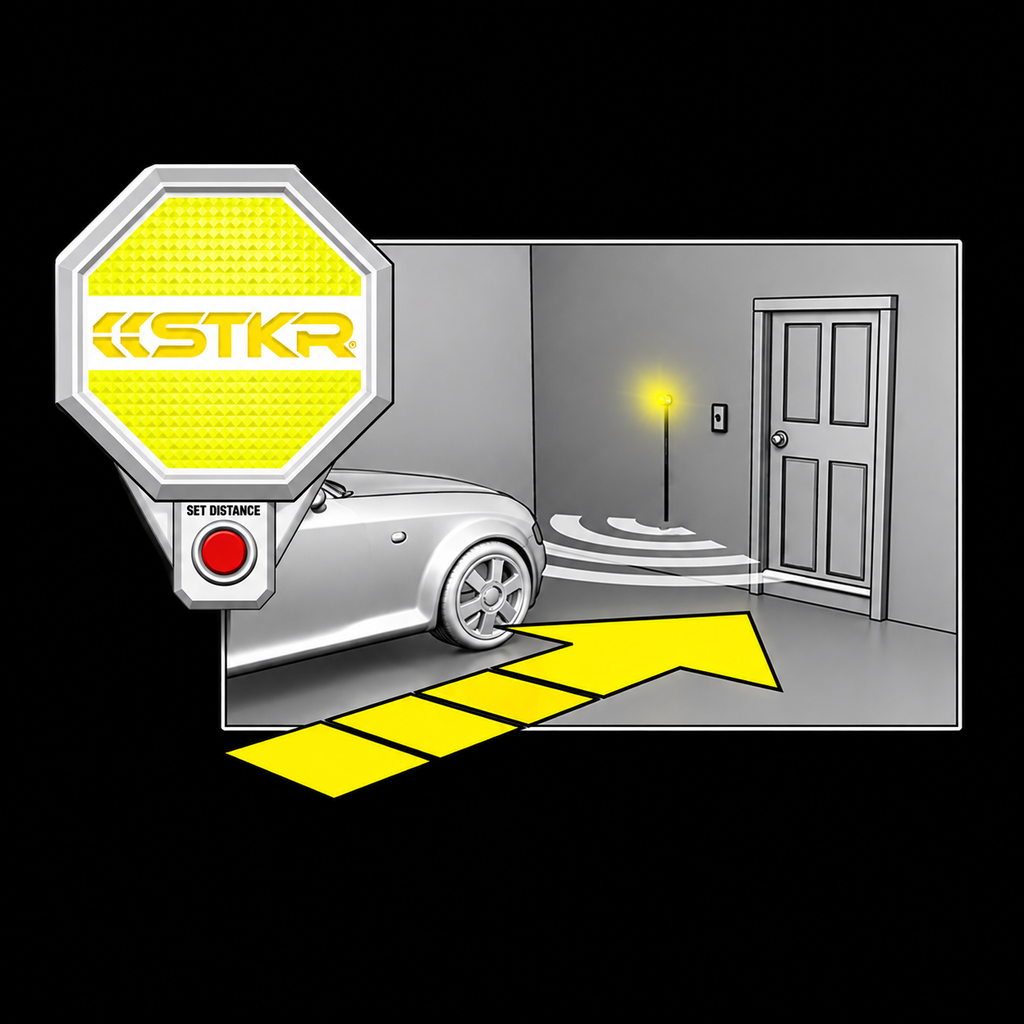 white Garage Parking Sensor LT: yellow caution instruction on black