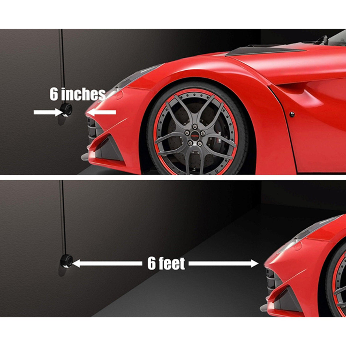 Two-panel comparison showing a red sports car approaching a parking sensor. The top panel shows the sensor activating at 6 inches from the front bumper, while the bottom panel shows the car at a distance of 6 feet from the sensor.